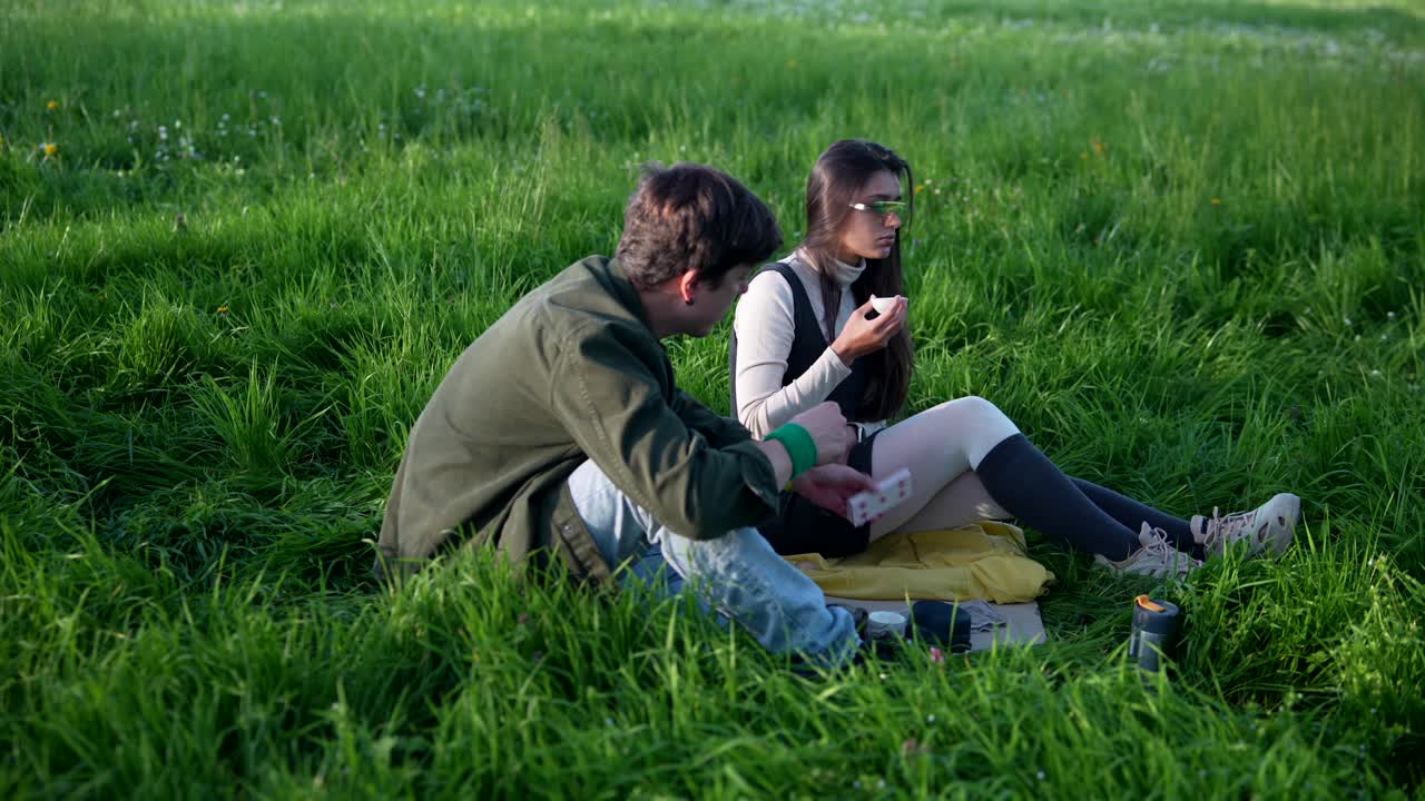 Couple having a picnic in a field
