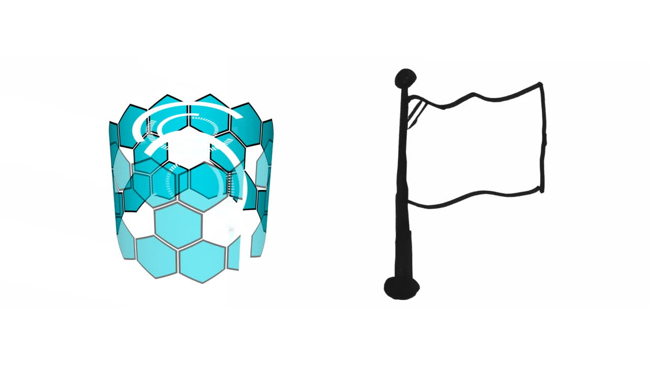 ⁇ 색 배경에 반전하는 육각형 모양과  ⁇ 발 아이콘의 디지털 애니메이션
