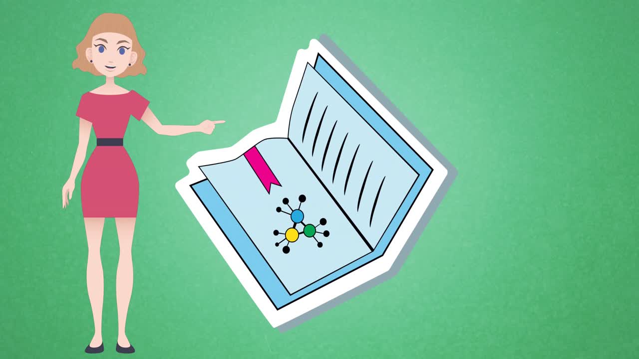 Animation of woman talking over notebook icon