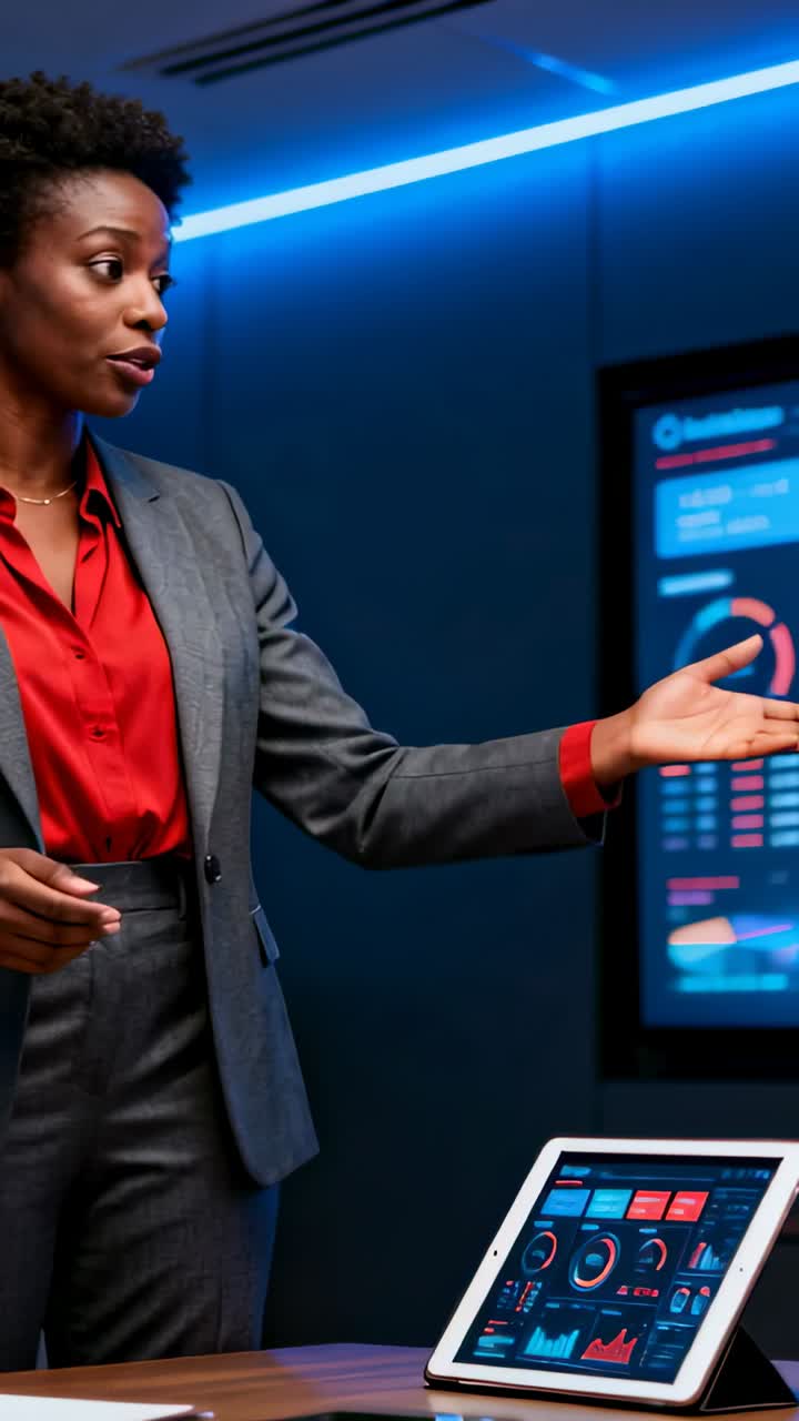 Vertical video: Presenting woman in gray suit at table explaining data with tablet, copy space