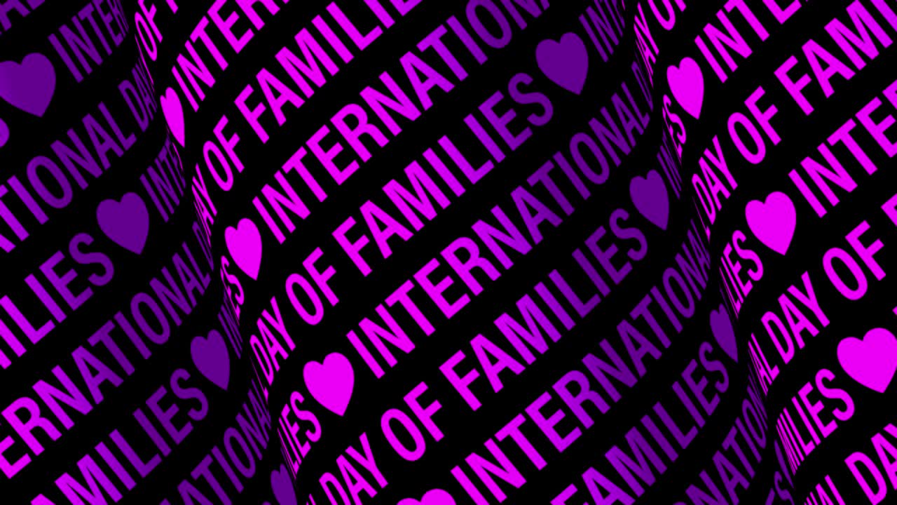 국제 가족의 날 3d 디지털 텍스트 스크롤 보라색 실린더 디스플레이 보드 가운 스크린 원활한 루프 애니메이션 4k 배경 국제 가족 날 사인 보드 led 튜브 벽