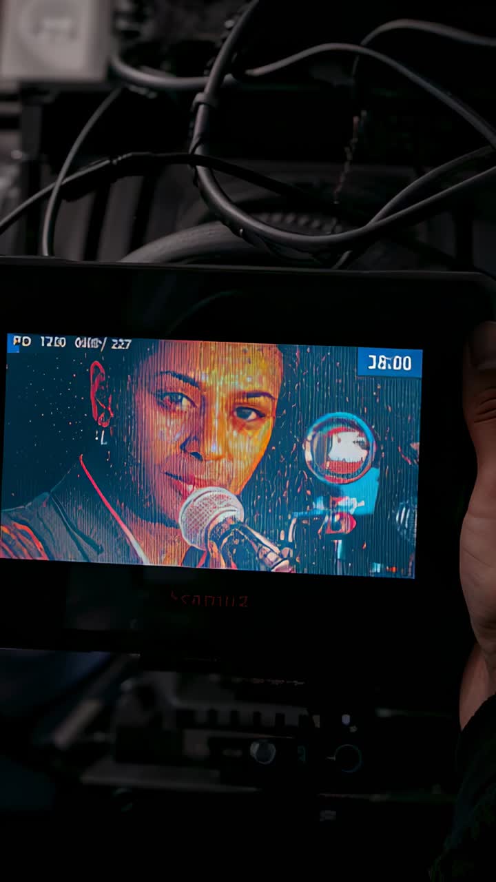 Vertical video: Recording, singer on handheld monitor singing into mic at studio, crew hand holding