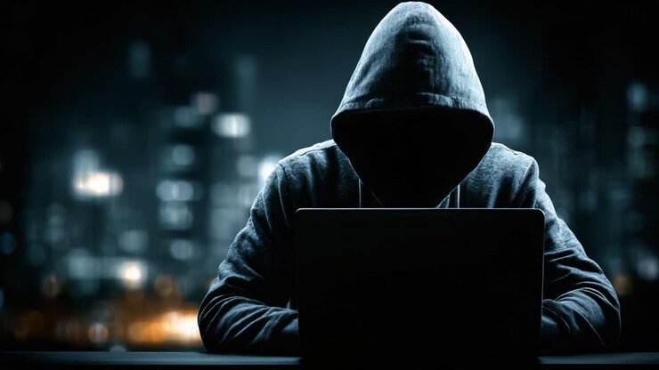 En mystisk skikkelse i en hættetrøje, fordybet i computerarbejde, omgivet af et mørkt bylandskab, der legemliggør temaer som teknologi, hemmeligholdelse og intriger