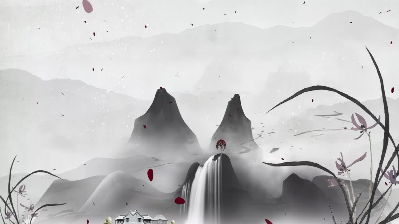 Serene Ink Wash Landscape with Waterfall and Mountains