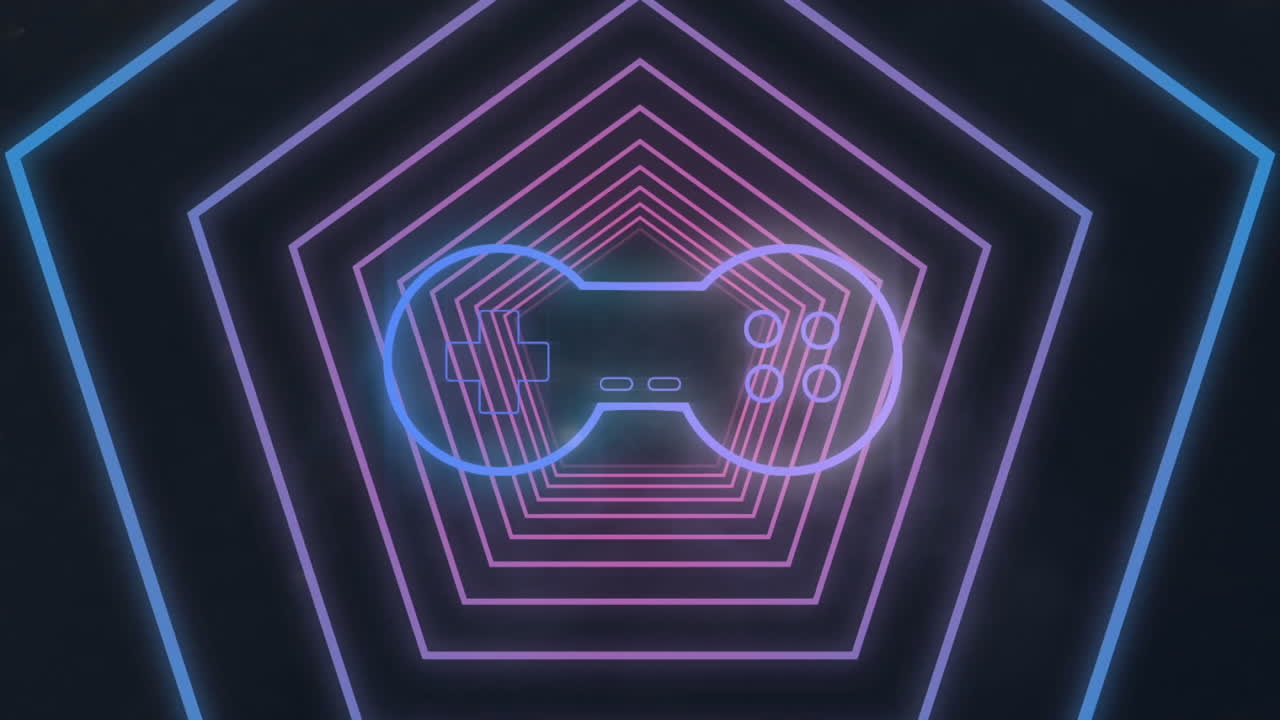 Animation of video game controller icon on pentagon tunnel in seamless pattern on black background