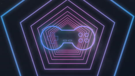 animación del icono del controlador de videojuego en el túnel del pentágono en un patrón sin costuras en fondo negro