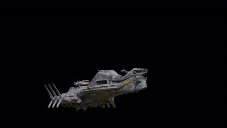 Giant-spaceship,-landing-front-side-left-view,-black-background-suitable-for-overlay-with-alpha-channel-matte-blending-option,-seamless-integration-into-various-sci-fi-concepts-and-scenes