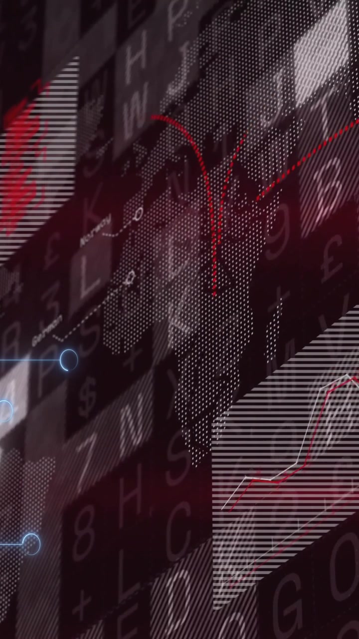 Overlaying digital data and graphs on abstract red and black animation background