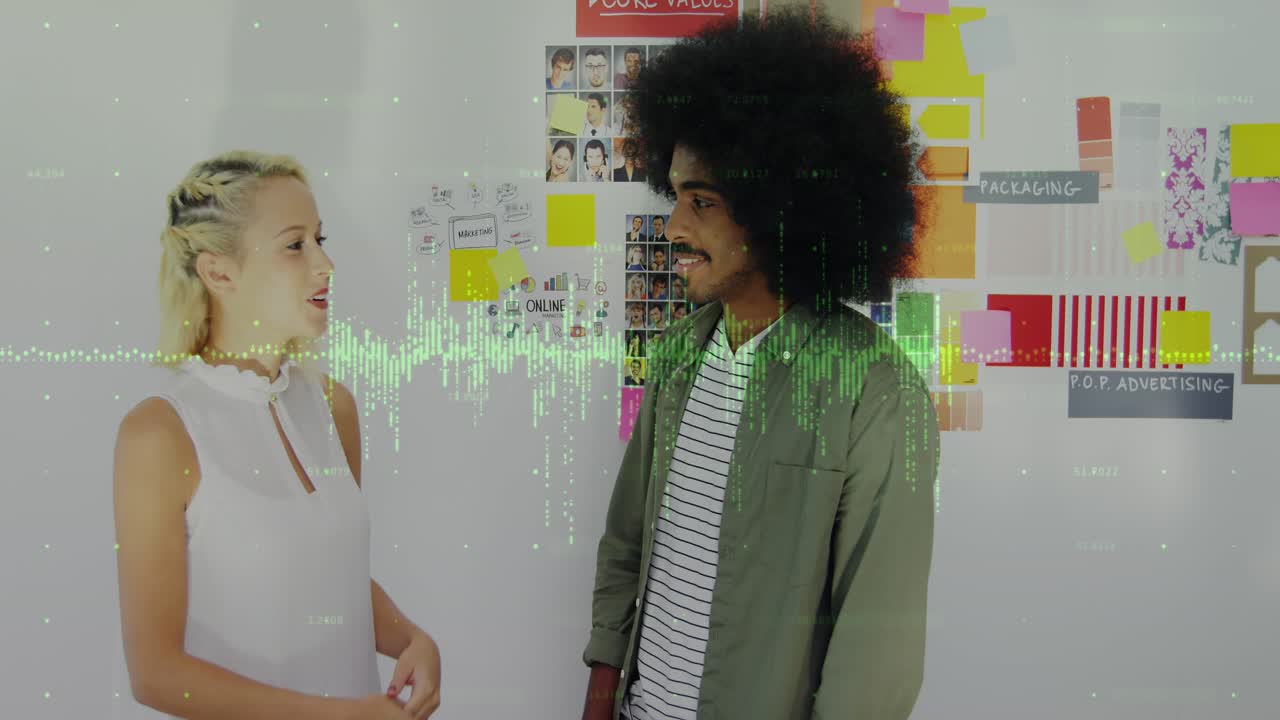 Animation of statistics and data processing over business people wearing phone headsets