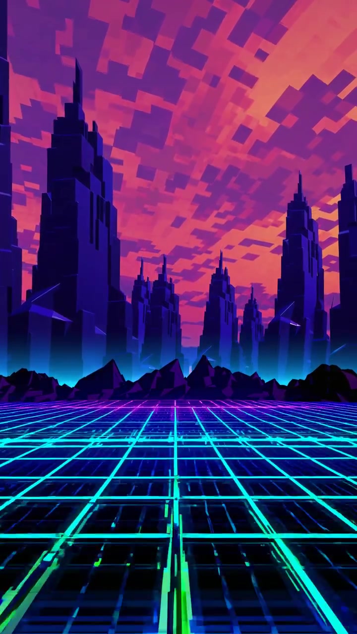 Città animata retro-futuristica con griglia luminosa e cielo in pixel art