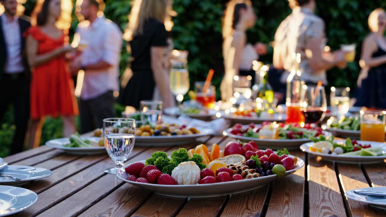 Outdoor gathering with people enjoying food and drinks. Plates of fruit and drinks on a wooden