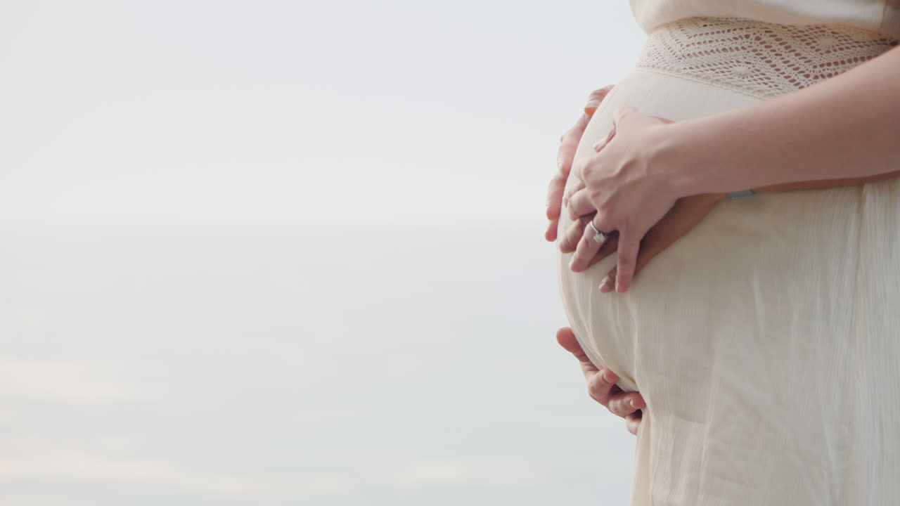 한 젊은 아시아 남자가 일몰을 배경으로 임신한 아내를 껴안고 있다.