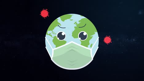 4k loop animation cute earth take a mask afraid from the coronavirus that surrounds it. joining forces to help prevent corona virus