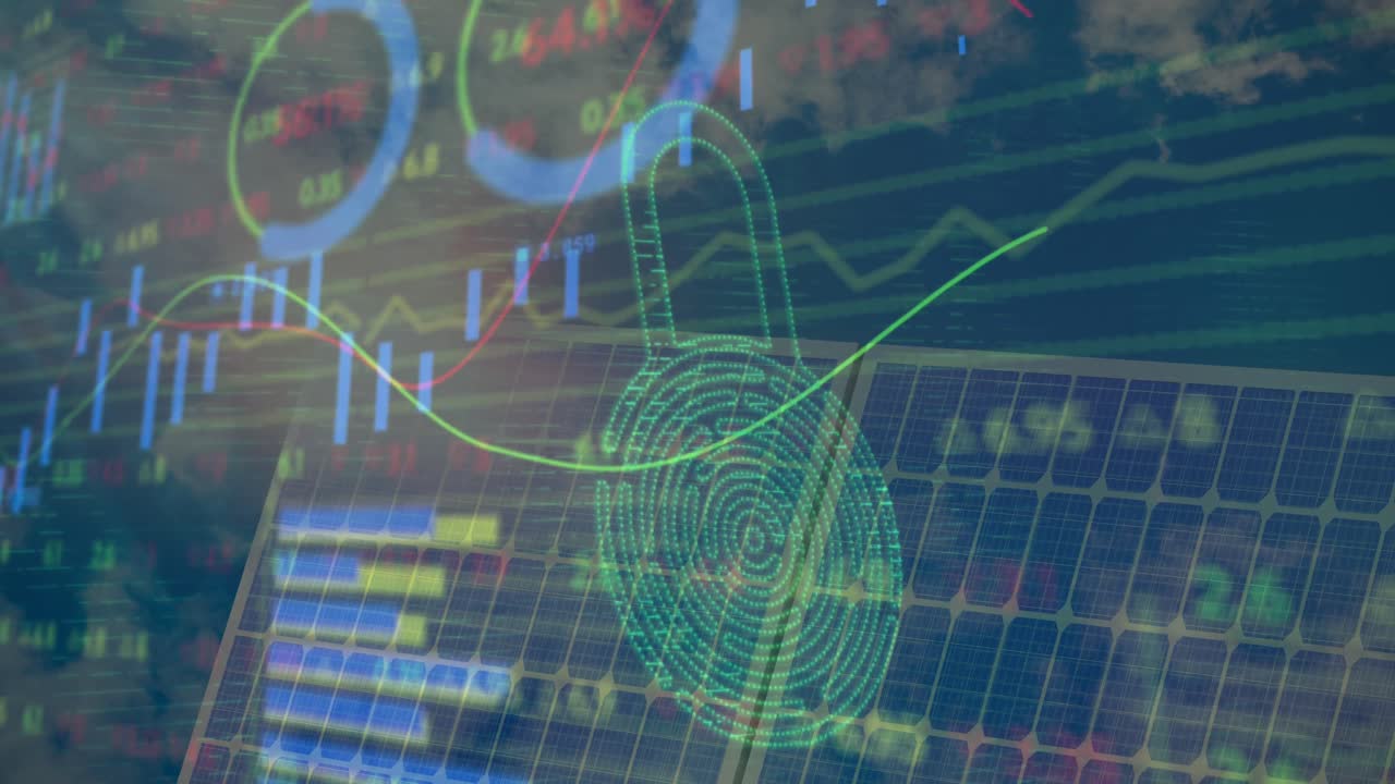 Animation of digital padlock, financial data and graphs over solar panels