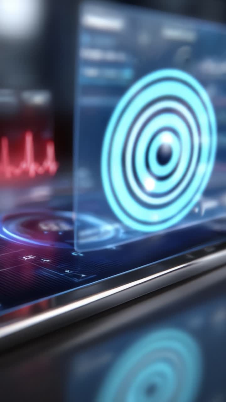 Futuristic Interface Display Featuring Dynamic Graphs and Visualizations in a Modern Technology Setting, Focusing on a Circular Target Design and Data Analysis