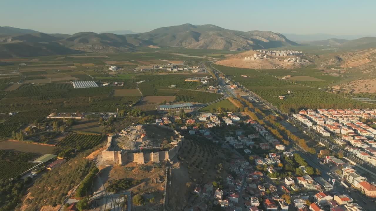 Ayasuluk Citadel drone Panorama at city of Selçuk Turkey, Aerial next to ancient Ephesus of historic site, Turkiye