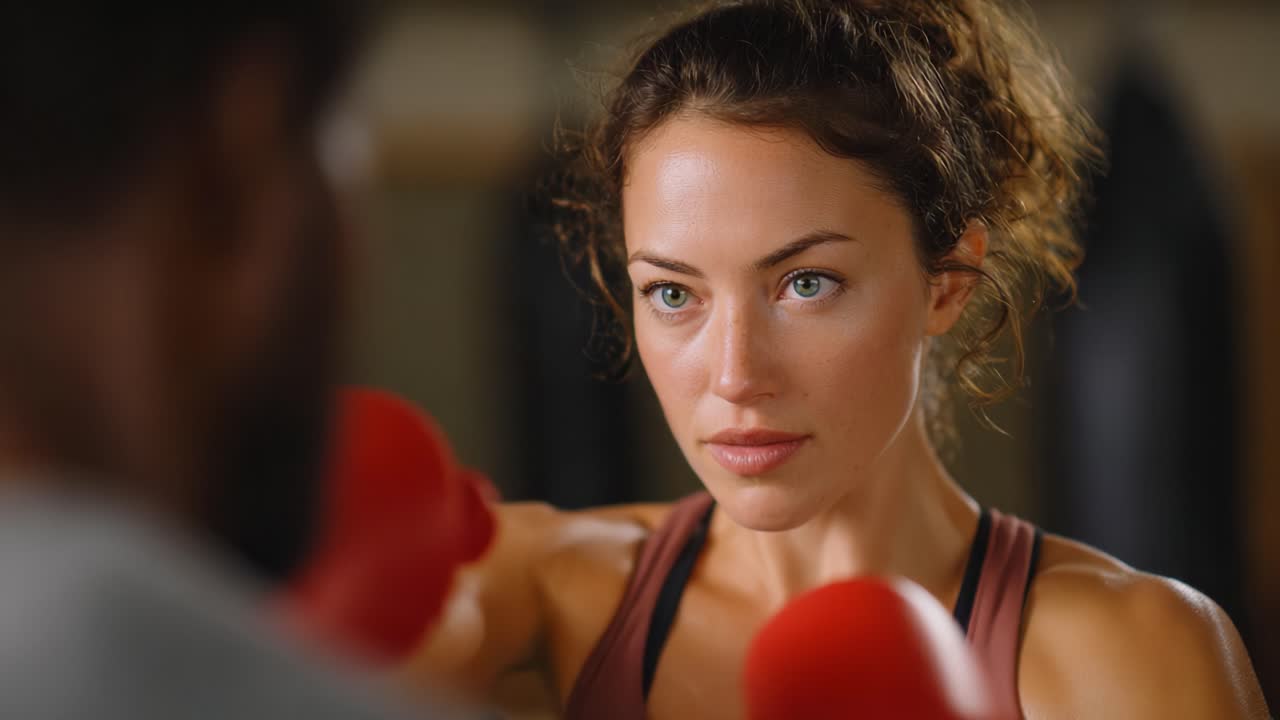 Concentrazione intensa e determinazione: una pugile che si allena con guanti rossi in palestra, catturando l'essenza degli sport da combattimento e della crescita personale