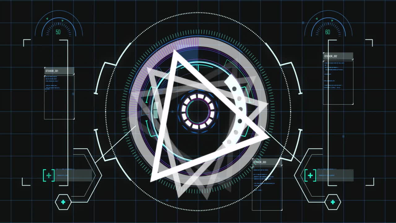 Animation of geometric shapes rotating on futuristic digital interface with dark grid