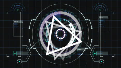 animation of geometric shapes rotating on futuristic digital interface with dark grid
