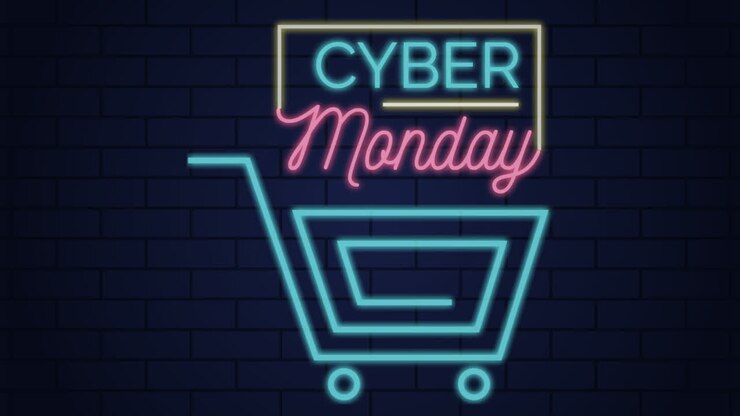 Un'animazione di uno sfondo per i saldi del Cyber Monday in stile neon