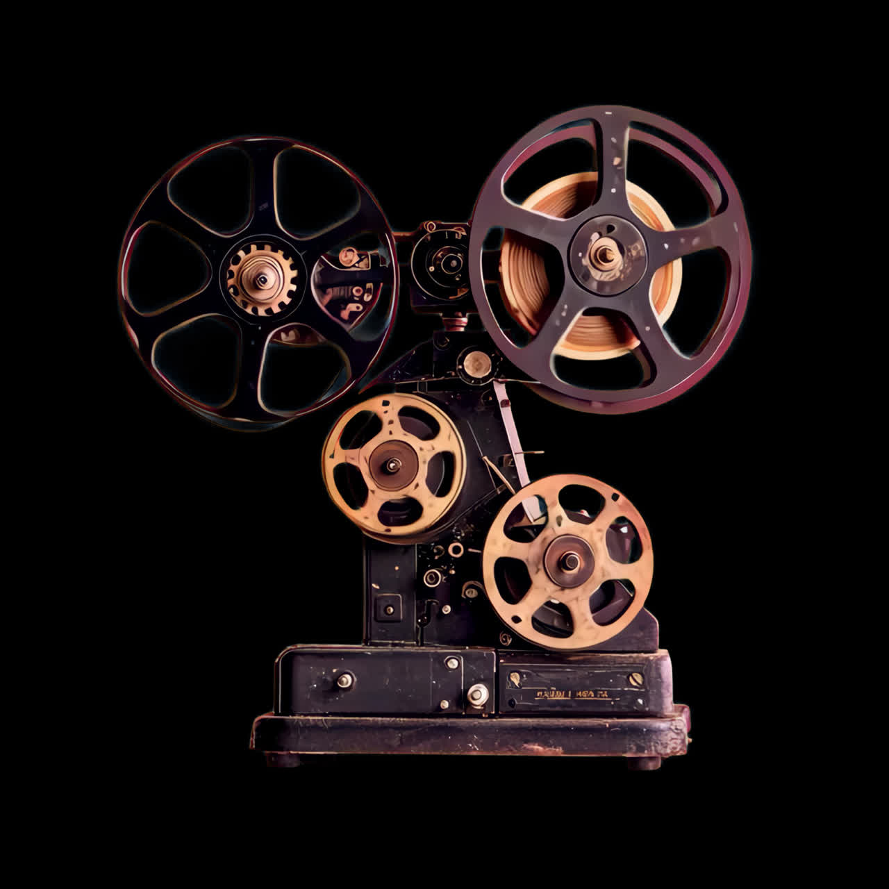 Vintage film projector machinery displayed animation isolated asset, transparent 4K video, alpha