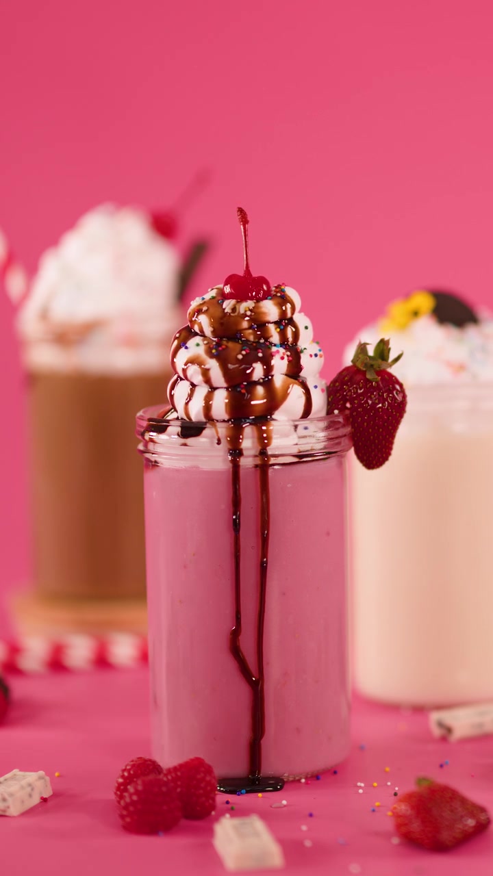 Una mano posiziona una ciliegia sopra un milkshake alla fragola con salsa al cioccolato e panna montata, sfondo rosa, illuminazione da studio