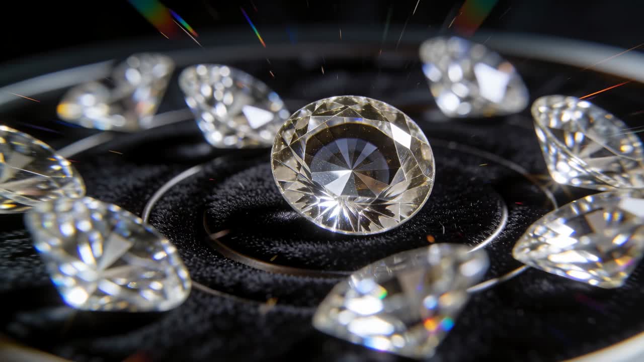 Tilting center round brilliant diamond on black platform, focus shifting, revealing pavilion facets