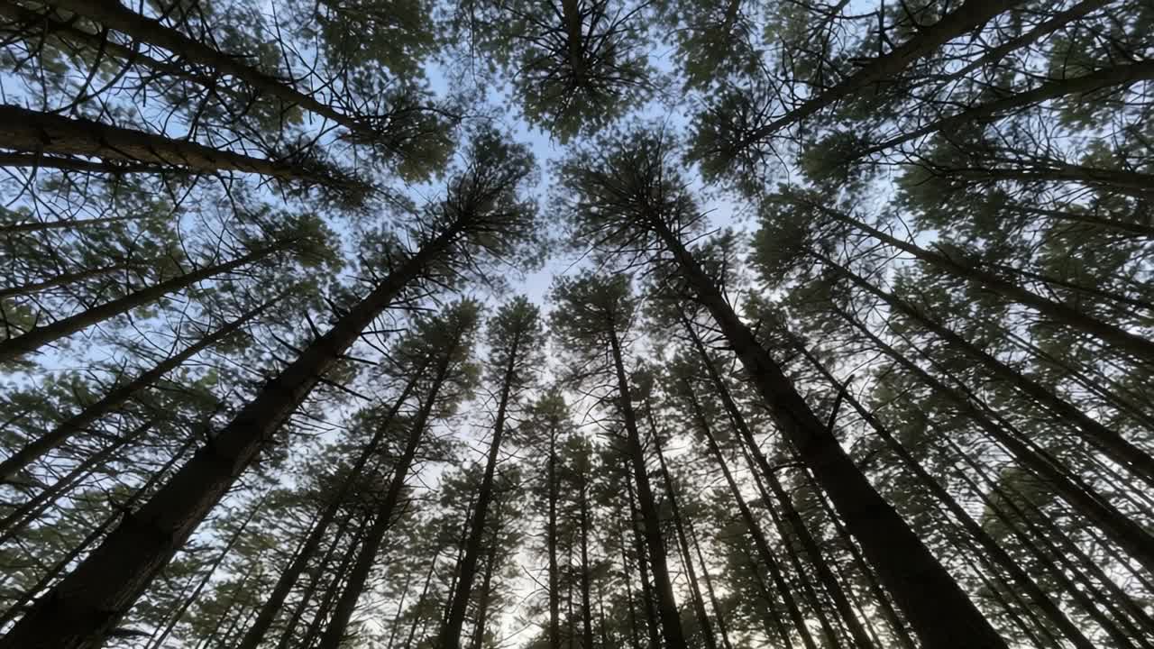 A Serene Canopy View: Capturing the Majestic Vertical Lines of Tall Trees Under a Clear Blue Sky in a Tranquil Forest Setting