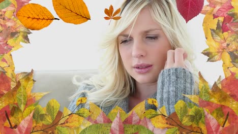 frame of leaves and woman suffering from allergy sneezing 4k