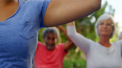 Trainer-and-seniors-performing-yoga-in-garden-4k