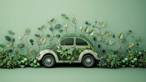 green vintage car surrounded by plants