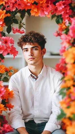 young man in floral arrangement