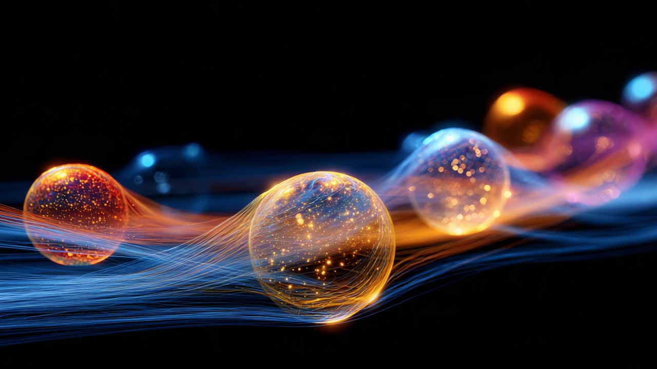 A Luminescent Journey Through Energy Waves: Captivating Light Spheres Gliding in a Dark Space, Emitting Brilliance and Beauty with Trails of Glowing Colorful Light