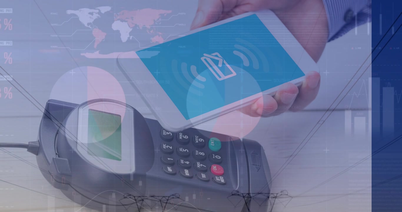 Animation of graphs and financial data over hands of midsection of man using smartphone