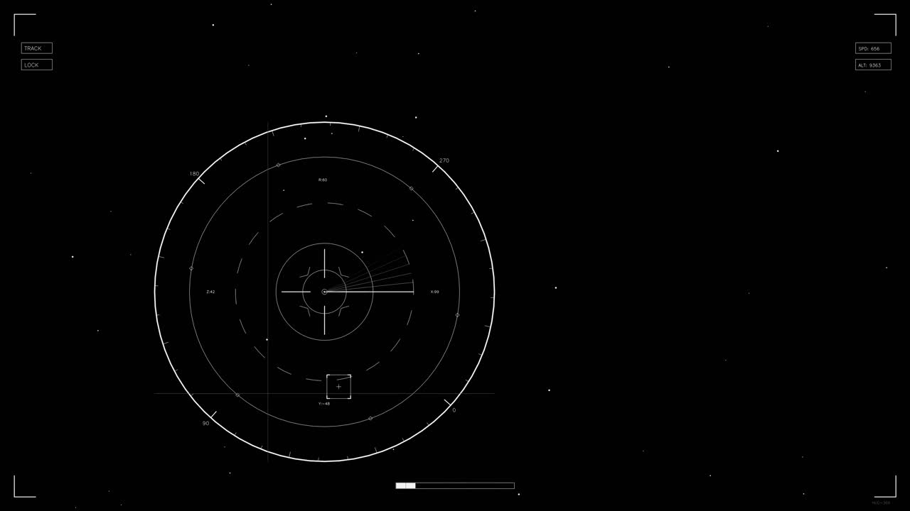Un display mostra una visualizzazione radar con un layout circolare caratterizzato da linee e marcatori. Il design include vari elementi utili per la creazione di video e progetti di progettazione web nel genere della fantascienza