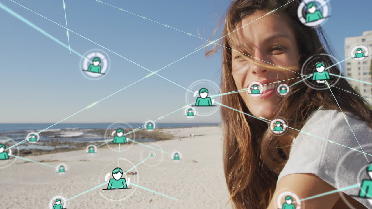 Animation of network of people icons over happy caucasian woman relaxing on sunny beach
