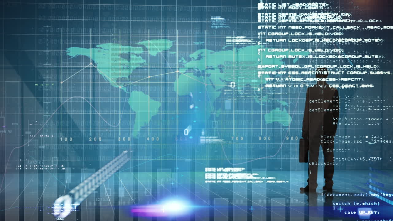 Animation of data processing and statistics over world map and businessman