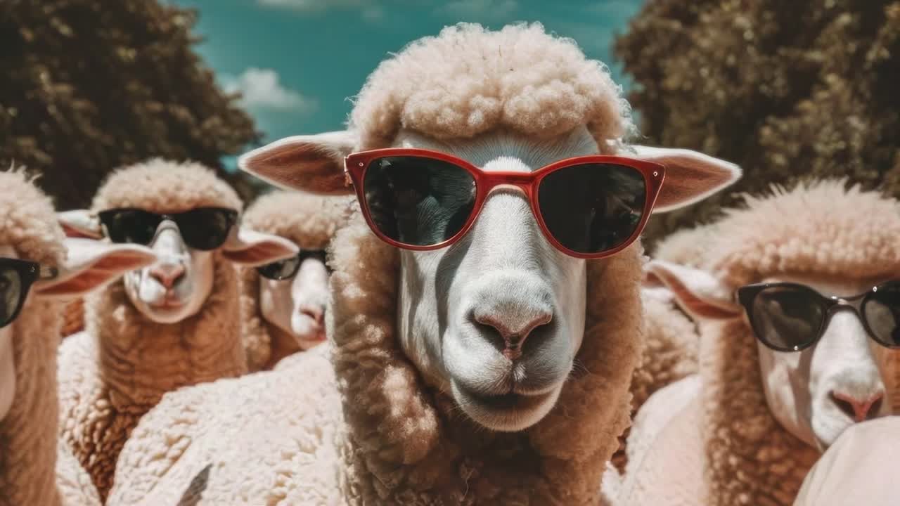 Close-up of sheep wearing sunglasses, creating a humorous and surreal concept