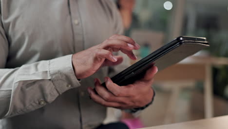 businessman, hands and tablet in research