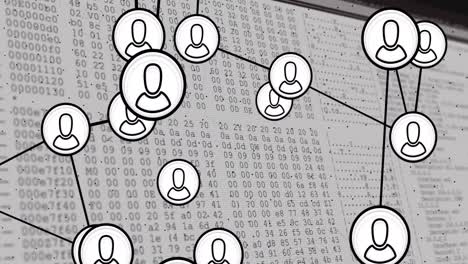 animation of network of profile icons over data processing on computer screen