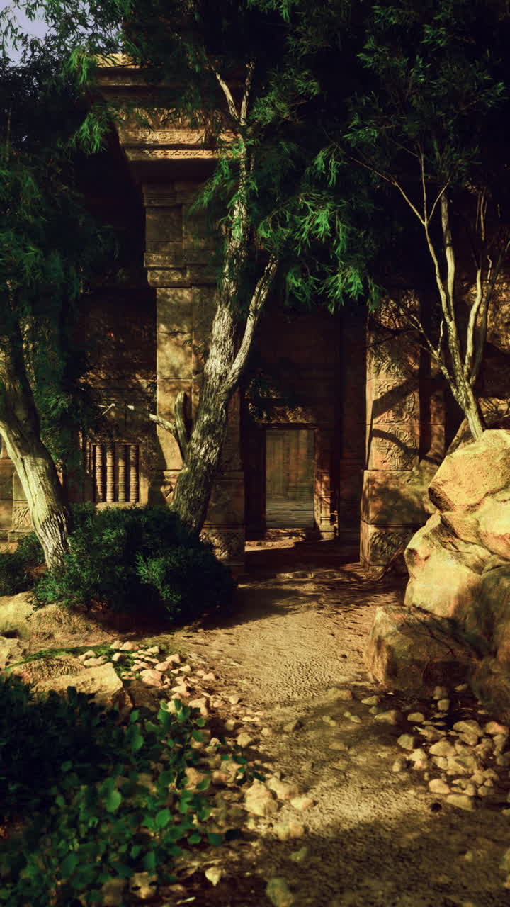 Exploring an ancient structure within a lush green forest landscape
