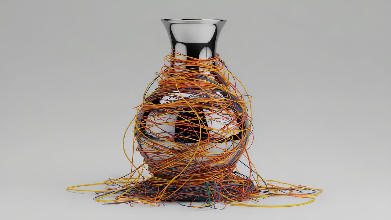 Frames rolling showing colorful wires settling around chrome vase on studio table, tightening coils