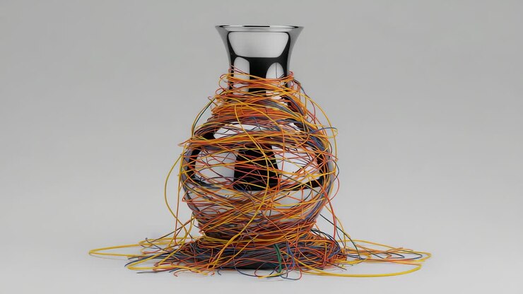 I frame scorrono mostrando fili colorati che si depositano attorno a un vaso cromato su un tavolo da studio, stringendo le spire