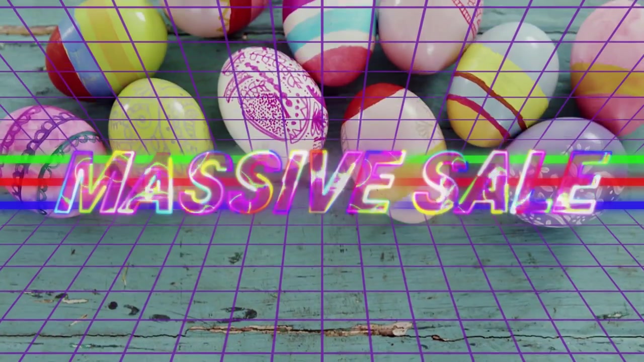 Vídeo vertical: barra RGB varrendo, começando GRANDE PROMOÇÃO de néon estourando, ovos deslizando para a promoção de Páscoa