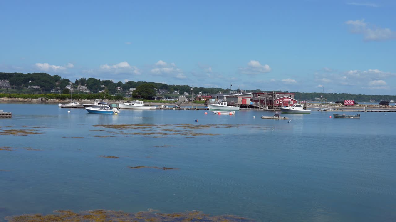 A panning view of a harbor along the coast of Maine on a sunny summer day.