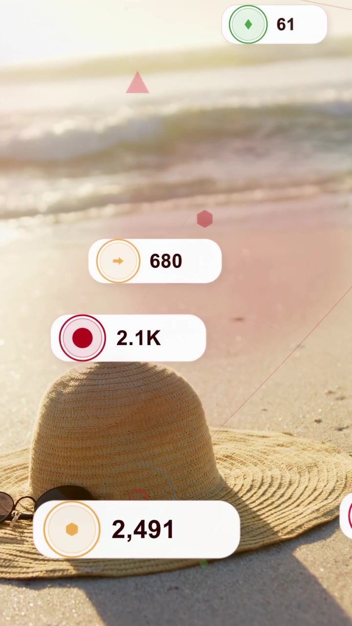 Video vertical: Aparece un punto rojo de interfaz de usuario, haciendo que insignias floten y se apilen sobre un sombrero, mostrando recuentos.