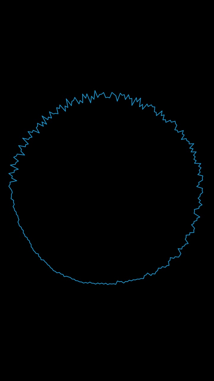 Jagged blue seismic ring with erratic zigzag audio waveform tremors on black background, vertical video asset