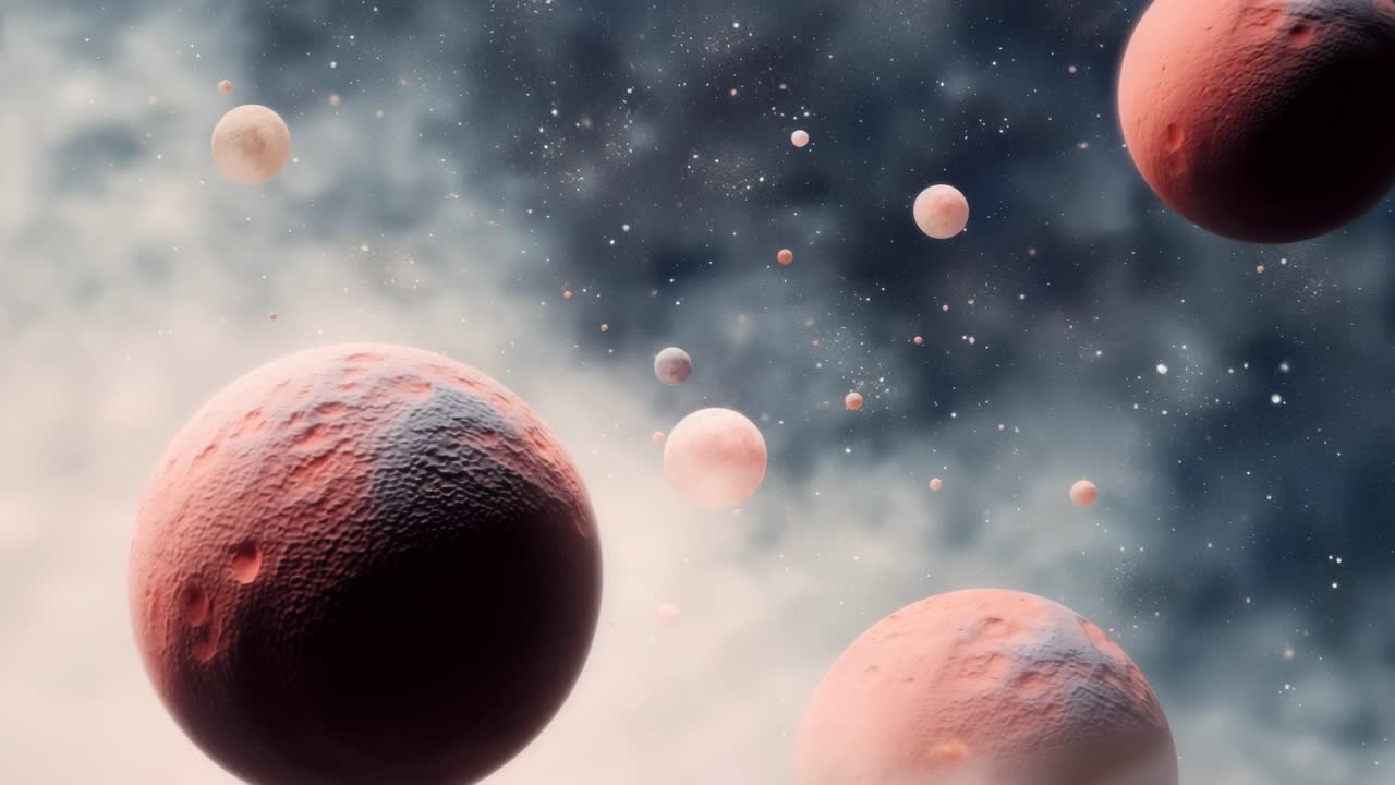 A cosmic video scene with a wide-angle view of pink planets and stars, creating a dreamy, ethereal