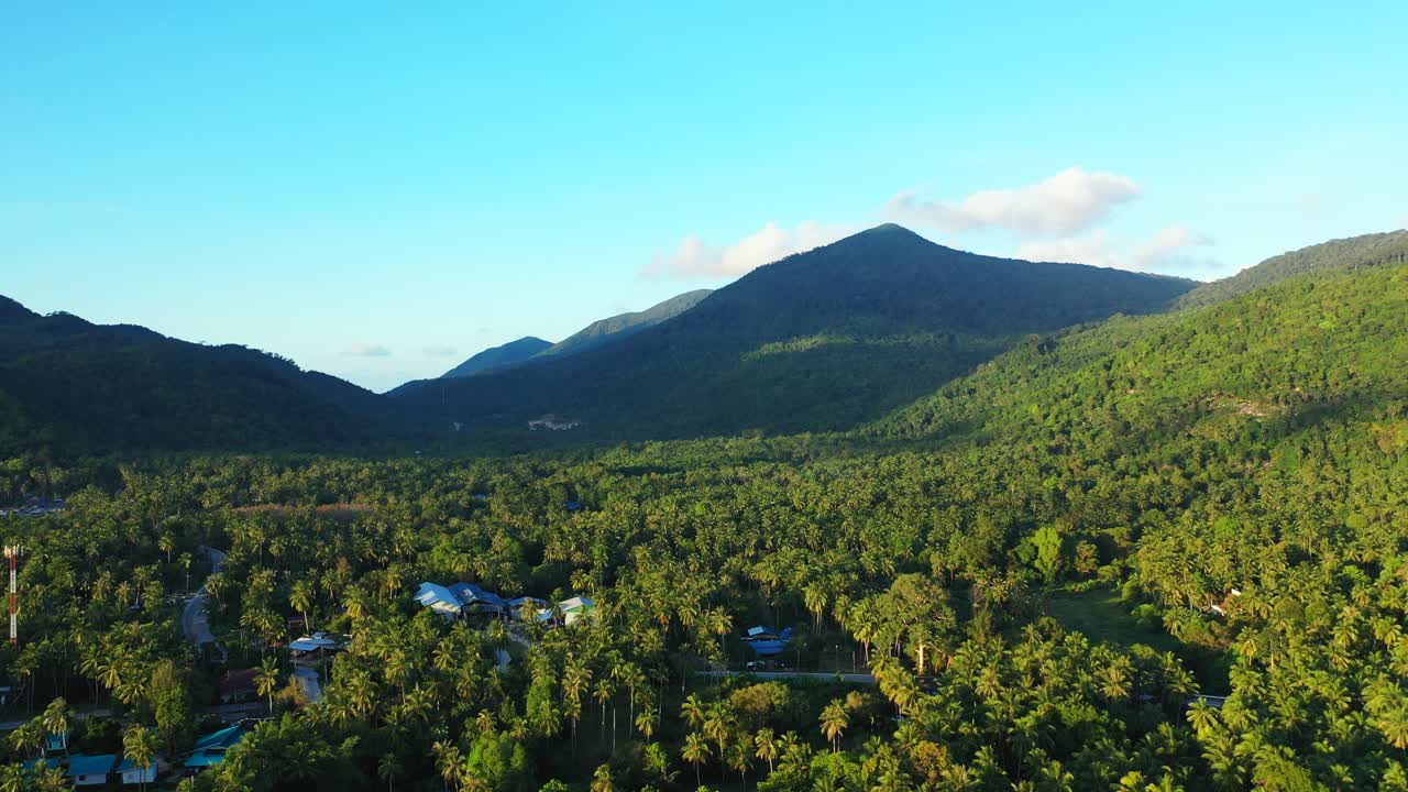Paradise landscape with green rainforest and palm trees on slopes of hills of tropical island on a sunny summer day with bright sky in Philippines