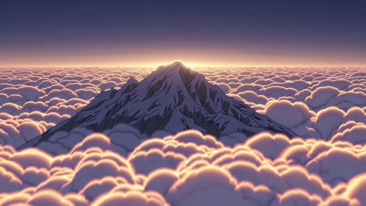 Aerial view of a mountain peak emerging through a sea of clouds at sunrise, creating a serene